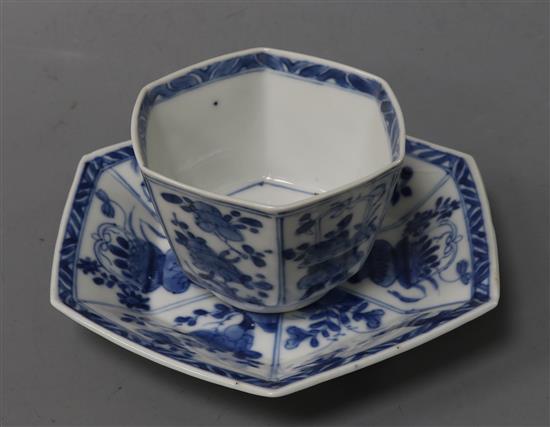 A Chinese Kangxi blue and white tea bowl and saucer